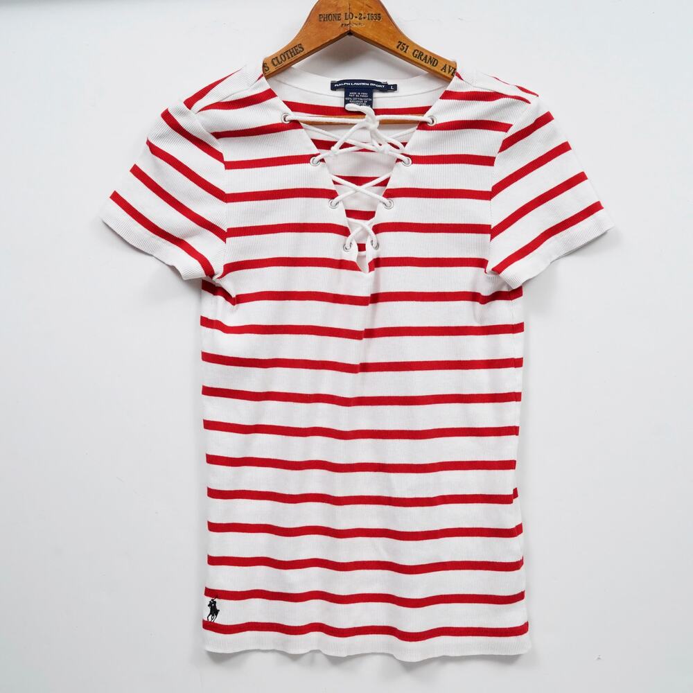 Y2K Ralph Lauren Sport Lace Up Nautical Stripe Top Red White Size L